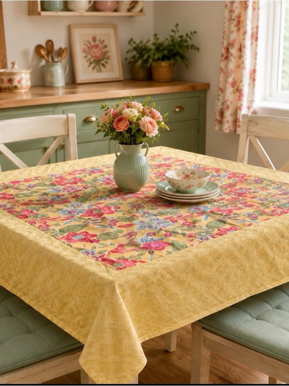 Floral Yellow Cotton Tablecloth with Pink & Green Accents